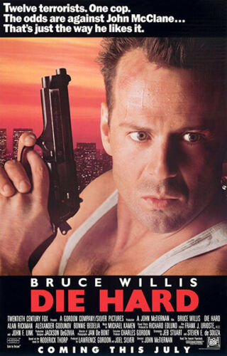 Die Hard, an action film by John McTiernan, starring Bruce Willis, Alan Rickman, and Bonnie Bedelia